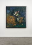 This large abstract contemporary oil painting has a floral theme rendered in blue and ochre. Image 3