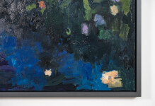 This large abstract contemporary oil painting has a floral theme rendered in blue and green. Image 5