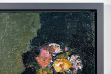 This abstract contemporary oil painting has a floral theme rendered in magenta and orange. Image 6