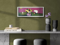 A bouquet of yellow in a vase of mauve sits in a landscape of forest green and magenta in this delightful oil by Jennifer Hornyak. Image 8