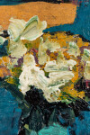 This contemporary abstract painting has a floral theme rendered in turquoise and orange. Image 8