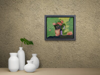 This abstract contemporary oil painting has a floral theme featuring the colours coral, green and lemon. Image 12