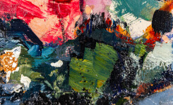 This abstract contemporary oil painting has a floral theme featuring the colours pink and blue. Image 8