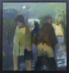 A man and woman, depicted in painterly passages of moss green, yellow and sapphire blue, pass each other on a city street illuminated by a f… Image 2