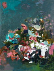 This large abstract contemporary colourful oil painting has a floral theme.