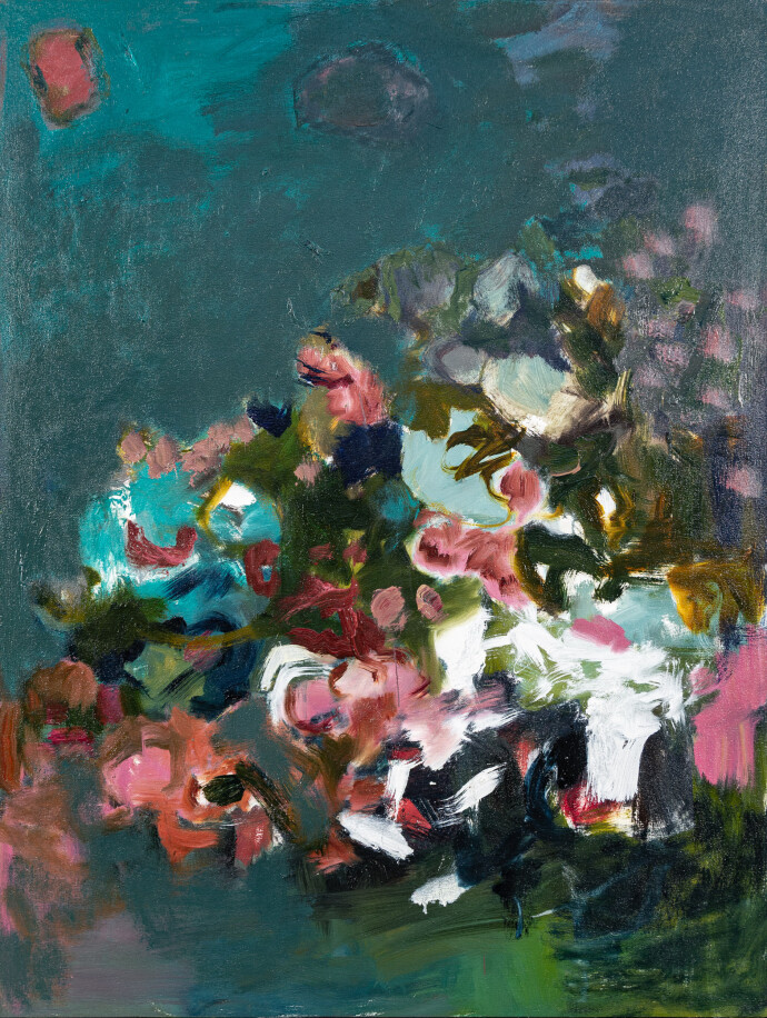 This large abstract contemporary colourful oil painting has a floral theme.