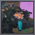 This large abstract contemporary painting has a floral theme and features the colours blue and magenta. Image 2