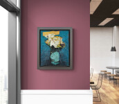 This contemporary abstract painting has a floral theme rendered in turquoise and orange. Image 13