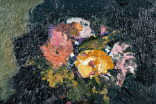 This abstract contemporary oil painting has a floral theme rendered in magenta and orange. Image 8