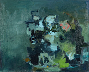 This large abstract contemporary painting by Jennifer Hornyak has a floral theme and features the colour blue.