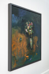 This large abstract contemporary oil painting has a floral theme rendered in blue and ochre. Image 4