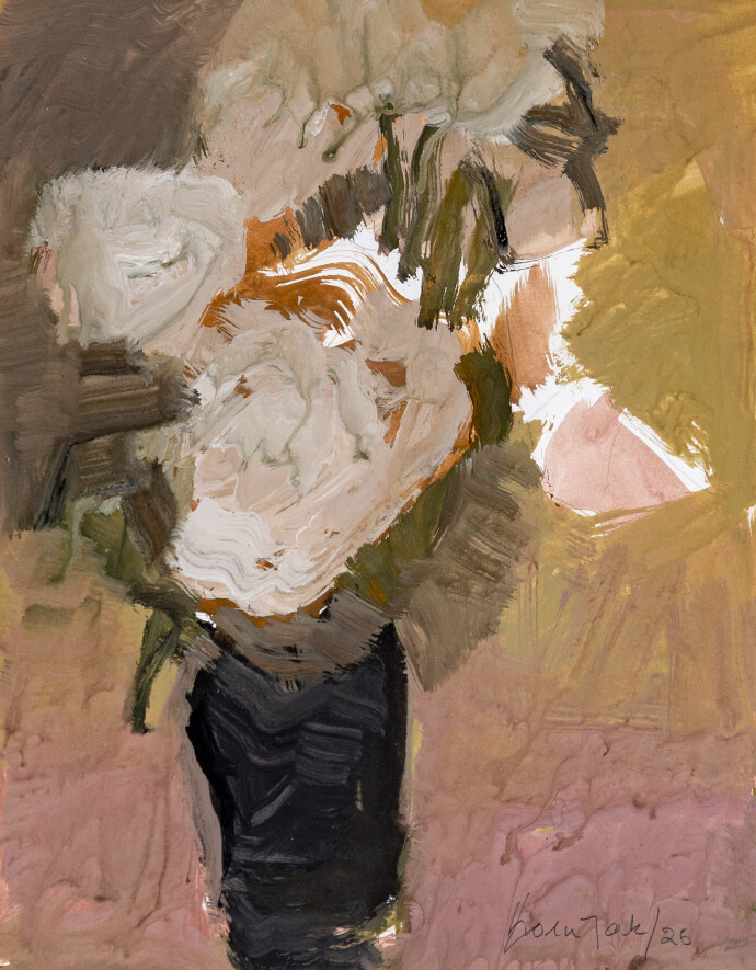 This abstract contemporary composition has a floral theme rendered in coral and black.