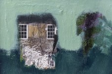 In lovely, muted shades of green, gray and lilac, a small vine covered house sits in a field of green in this charming collage and oil compo… Image 3