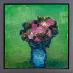 This abstract contemporary oil painting has a floral theme featuring the colours pink and blue. Image 2