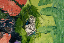 This abstract contemporary oil painting has a floral theme featuring the colours coral, green and lemon. Image 10