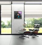 This large abstract contemporary painting has a floral theme and features the colours blue and magenta. Image 12
