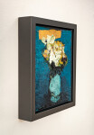 This contemporary abstract painting has a floral theme rendered in turquoise and orange. Image 3