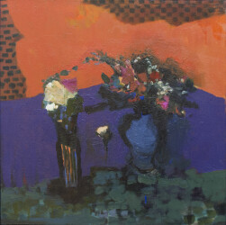 Vibrant orange, purple, and green hues typical of this master of still life abstraction.