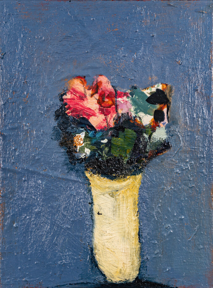 This abstract contemporary oil painting has a floral theme featuring the colours pink and blue.