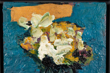 This contemporary abstract painting has a floral theme rendered in turquoise and orange. Image 4