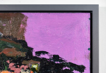 This large abstract contemporary painting has a floral theme and features the colours blue and magenta. Image 6
