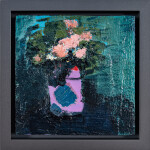 This small contemporary abstract painting has a floral theme featuring blues, magenta and coral colours. Image 2