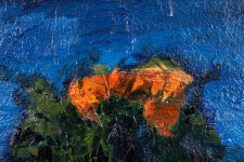 This contemporary oil painting is an abstract of a still life with a floral theme. Image 8