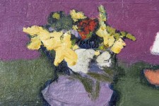 A bouquet of yellow in a vase of mauve sits in a landscape of forest green and magenta in this delightful oil by Jennifer Hornyak. Image 5