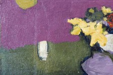 A bouquet of yellow in a vase of mauve sits in a landscape of forest green and magenta in this delightful oil by Jennifer Hornyak. Image 2