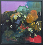 Expressive layered passages of bronze, periwinkle, red and turquoise with highlights of yellow are framed by dark green foliage in this rich… Image 2