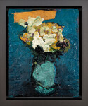 This contemporary abstract painting has a floral theme rendered in turquoise and orange. Image 2