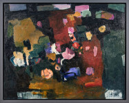 This contemporary abstract and colourful oil painting has a floral theme. Image 2