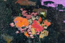 This large abstract contemporary painting has a floral theme and features the colours blue and magenta. Image 8