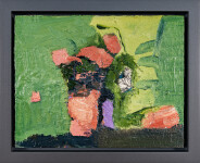 This abstract contemporary oil painting has a floral theme featuring the colours coral, green and lemon. Image 2