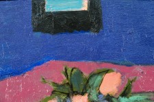 A pretty bunch of pink tulips set against a deep pink tablecloth and a bright turquoise chair against a midnight blue wall is the subject of… Image 7