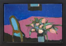 A pretty bunch of pink tulips set against a deep pink tablecloth and a bright turquoise chair against a midnight blue wall is the subject of… Image 2