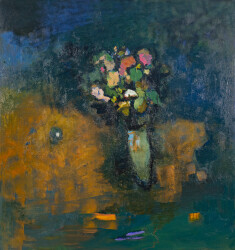 This large abstract contemporary oil painting has a floral theme rendered in blue and ochre.