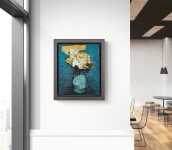 This contemporary abstract painting has a floral theme rendered in turquoise and orange. Image 12