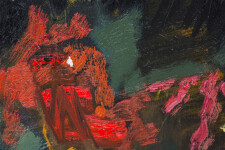 Expressive layered passages of bronze, periwinkle, red and turquoise with highlights of yellow are framed by dark green foliage in this rich… Image 7