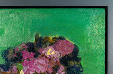 This abstract contemporary oil painting has a floral theme featuring the colours pink and blue. Image 5