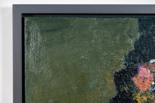 This abstract contemporary oil painting has a floral theme rendered in magenta and orange. Image 5