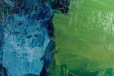 This abstract contemporary oil painting has a floral theme featuring the colours pink and blue. Image 8