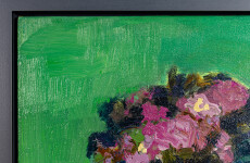 This abstract contemporary oil painting has a floral theme featuring the colours pink and blue. Image 4