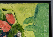 This abstract contemporary oil painting has a floral theme featuring the colours coral, green and lemon. Image 6