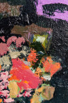 This large abstract contemporary painting has a floral theme and features the colours blue and magenta. Image 10