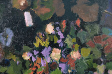 This large abstract contemporary oil painting has a floral theme rendered in blue and green. Image 6
