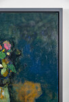 This large abstract contemporary oil painting has a floral theme rendered in blue and ochre. Image 6