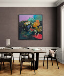 Expressive layered passages of bronze, periwinkle, red and turquoise with highlights of yellow are framed by dark green foliage in this rich… Image 8