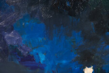 This large abstract contemporary oil painting has a floral theme rendered in blue and green. Image 8