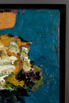 This contemporary abstract painting has a floral theme rendered in turquoise and orange. Image 9